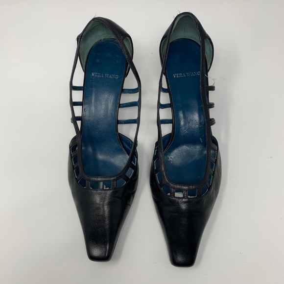 Vera Wang Black Leather Cage Pointed Toe Heels - Picture 2 of 8